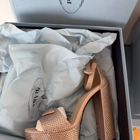 Prada Pink Embellished Platform Heels Logo Satin Crystal Sandals Open Toe - Picture 5 of 10
